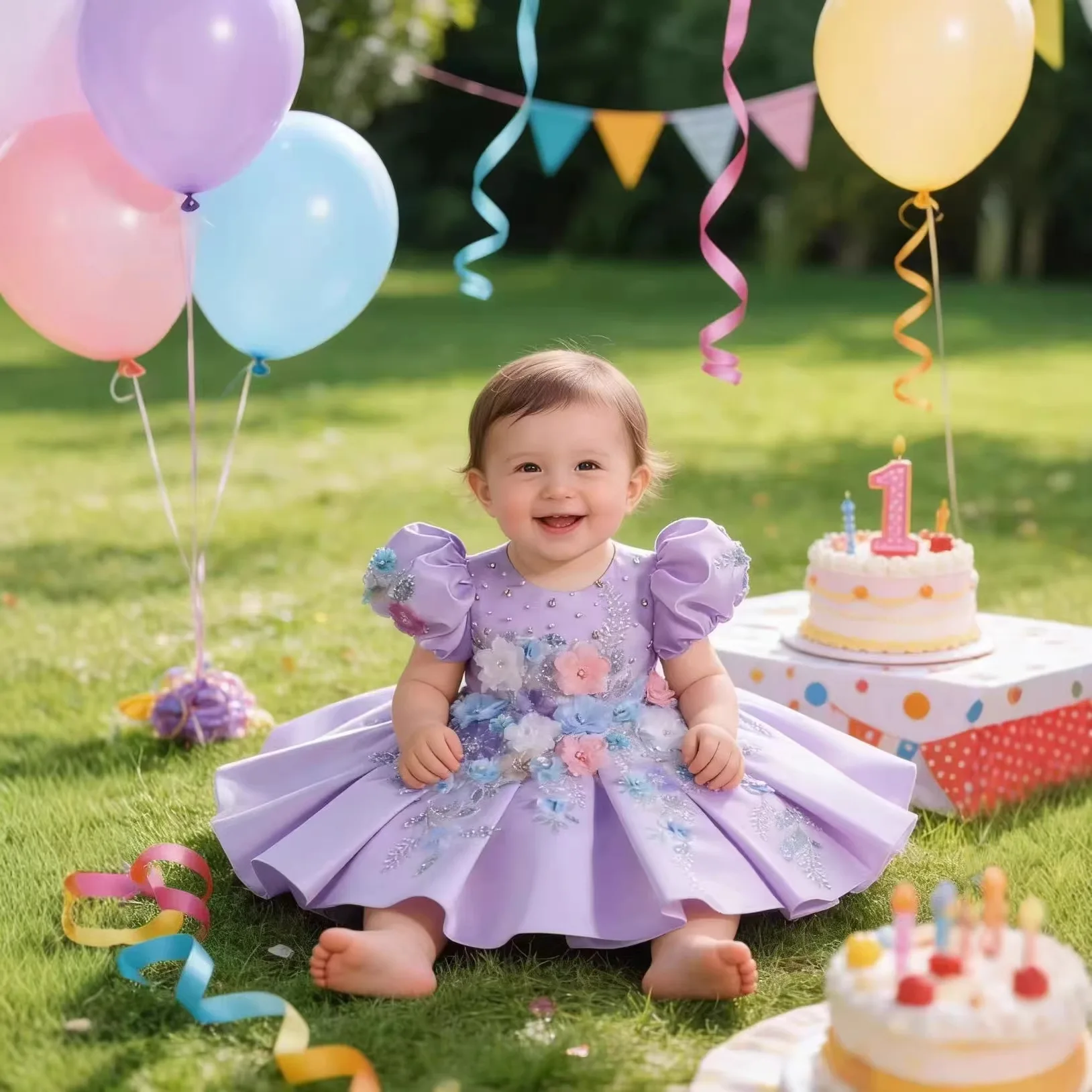 Custom Flower Girl Dress Wedding Gown Birthday Party Pageant Puff Sleeve 3D Flower Satin Baby Dress  
