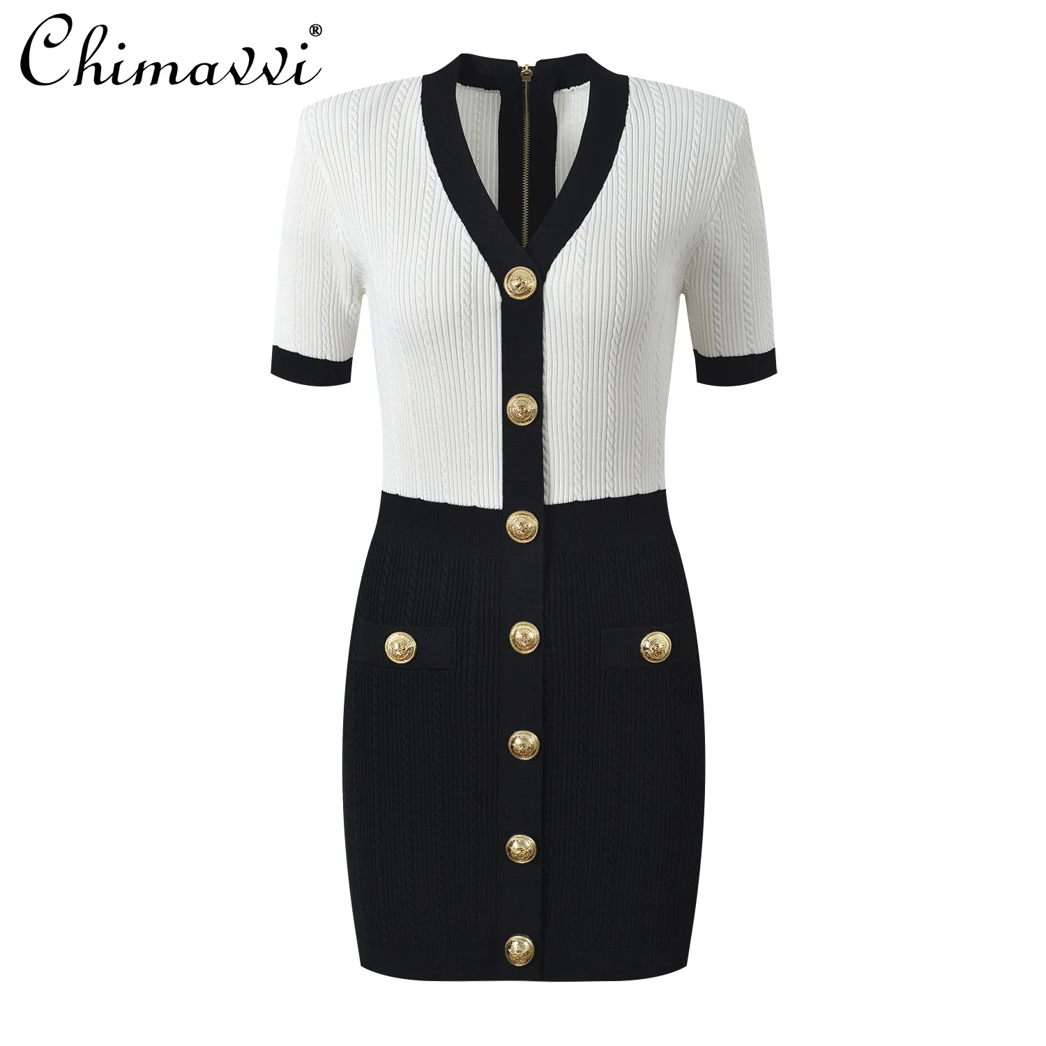 

Spring and Summer New French Fashion V-neck Metal Buckle Slim-fit Hip Knitted Dress Commuter Short-sleeved Elegant Women's Dress