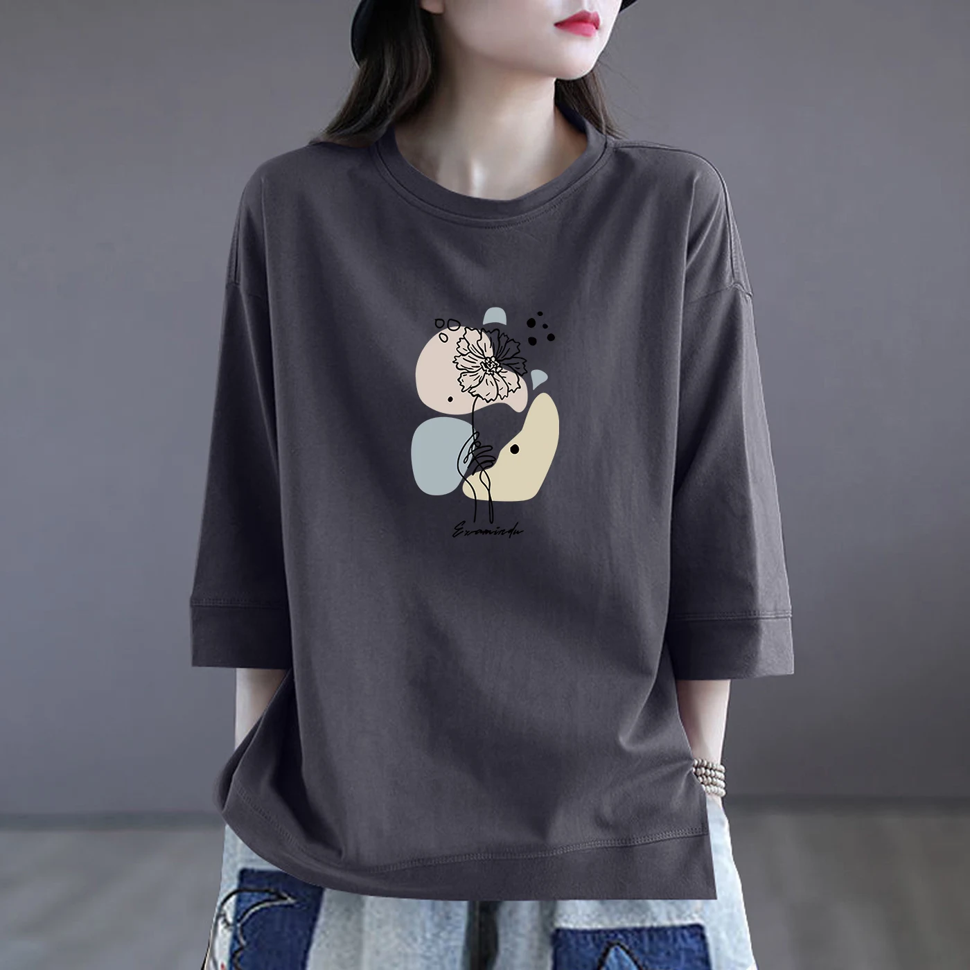 

Свободная женская хлопковая футболка с круглым вырезом, модная, стройнящая, с разрезом, винтажный стиль