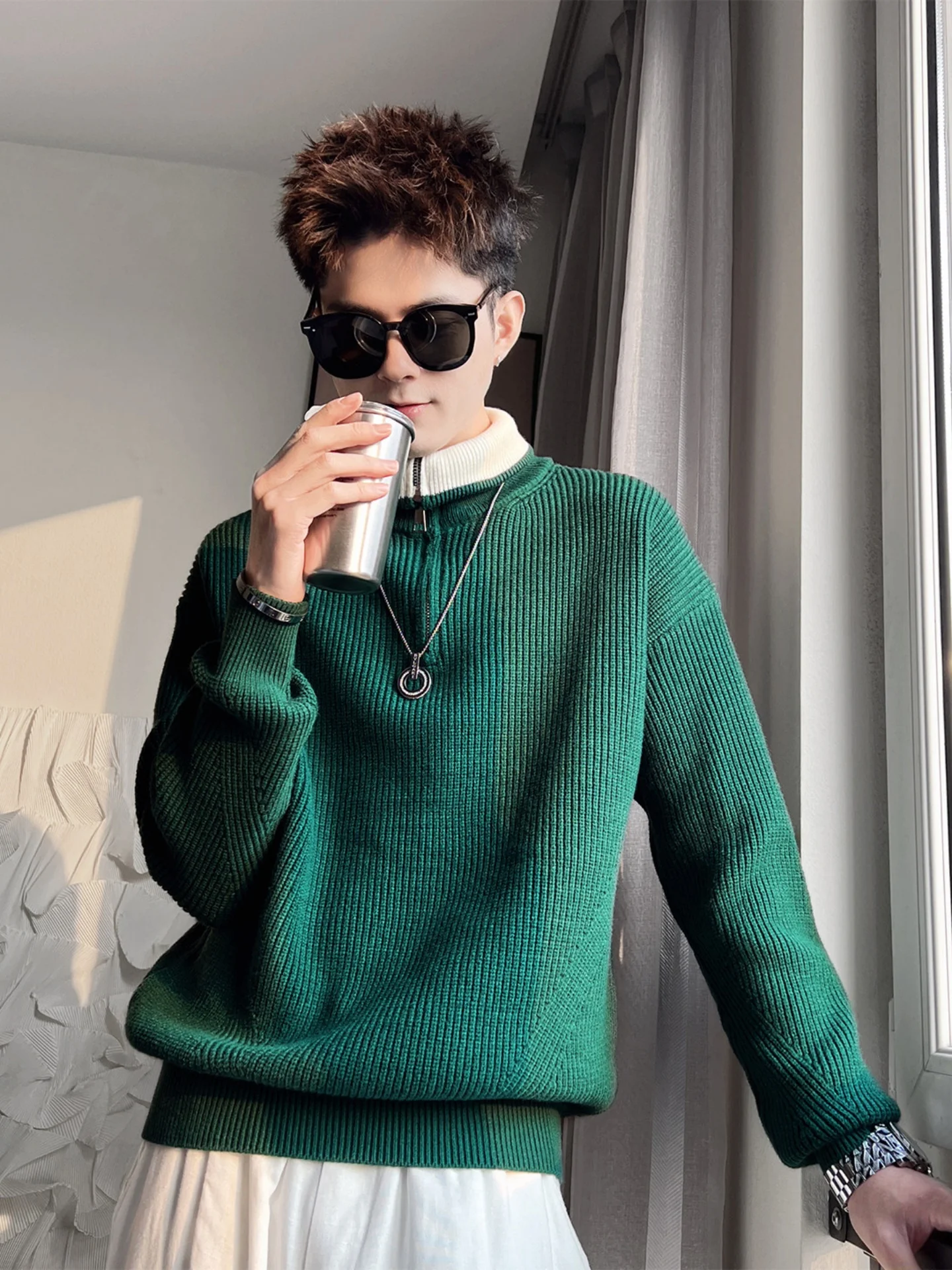 

Men's Knitted Sweater High Collar f Zip Long Sve Winter Faion Urban Sle Warm Soft Polyester Casual Wear Home Comfort