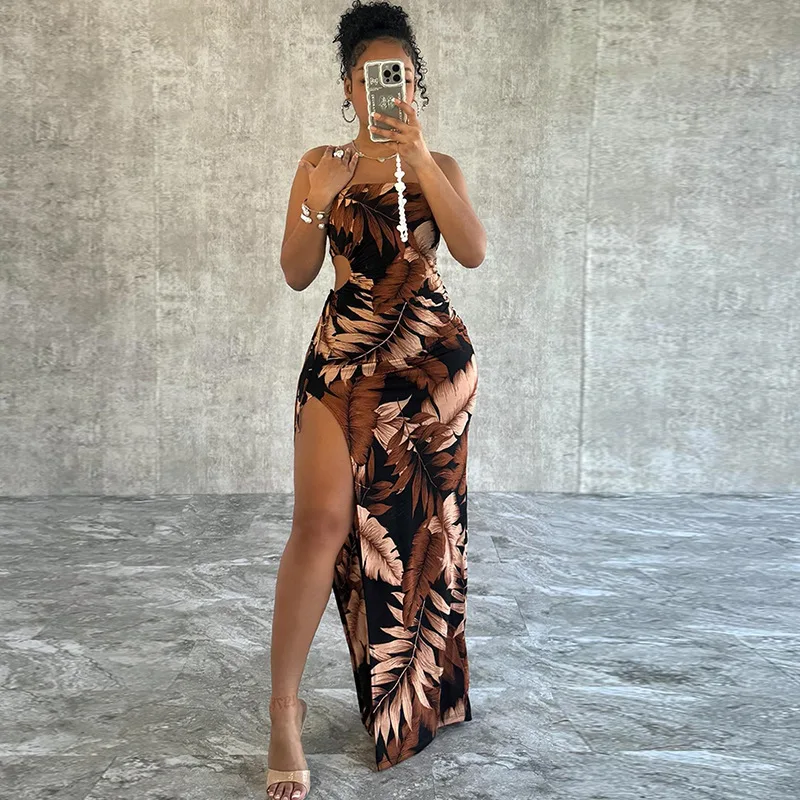 

SKMY Sleeveless Off Shoulder Backless Strapless Dress Fashion Printed Split Midi Dresses Party Clubwear Summer Clothes For Women