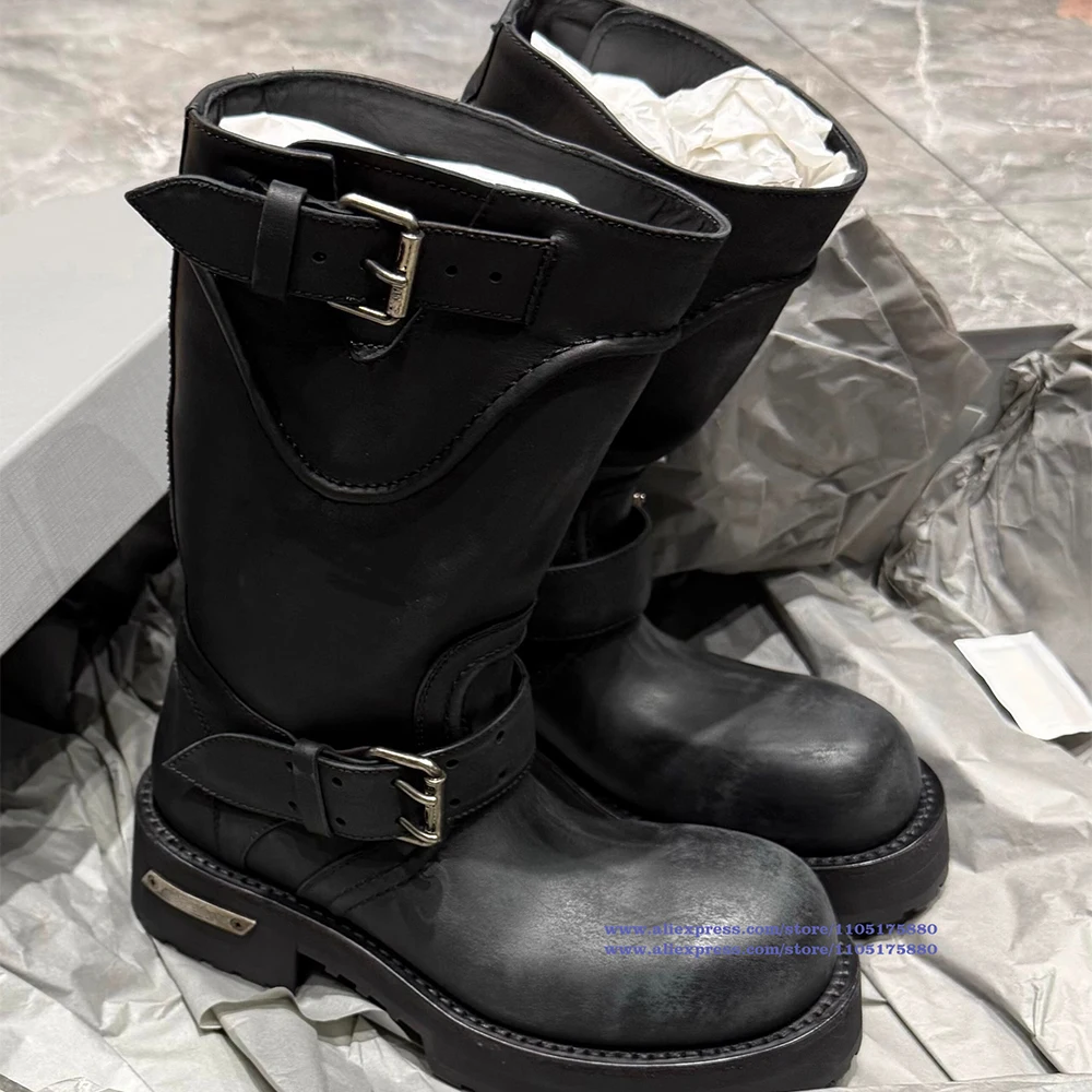 

Черные кожаные мотоциклетные мужские ботинки с круглым носком, массивная подошва, ботильоны с пряжкой и ремешком, роскошная дизайнерская модная мужская обувь Botas Mujer