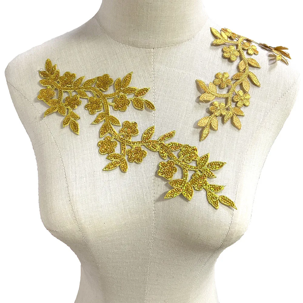 Einteiliger Gold-Silber-Pflaumenranken-Pailletten-Stickerei-Patch, modisches, zartes Eisen auf für Kleidung, Taschen, DIY-Zubehör
