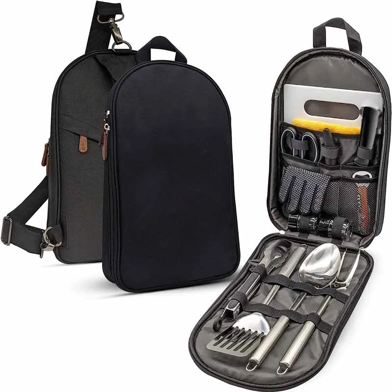 

14-Piece Camping Kitchen Cookware Set Travel Organizer BBQ Accessories Portable Backpack BBQ Camping Compact Gear