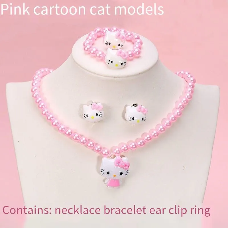 Cartoon Hello Kitty Necklace Hairclips Ring Set Toy Kawaii Sanrio Hellokitty Kids Hairpins Girl Heart Accessories Birthday Gifts