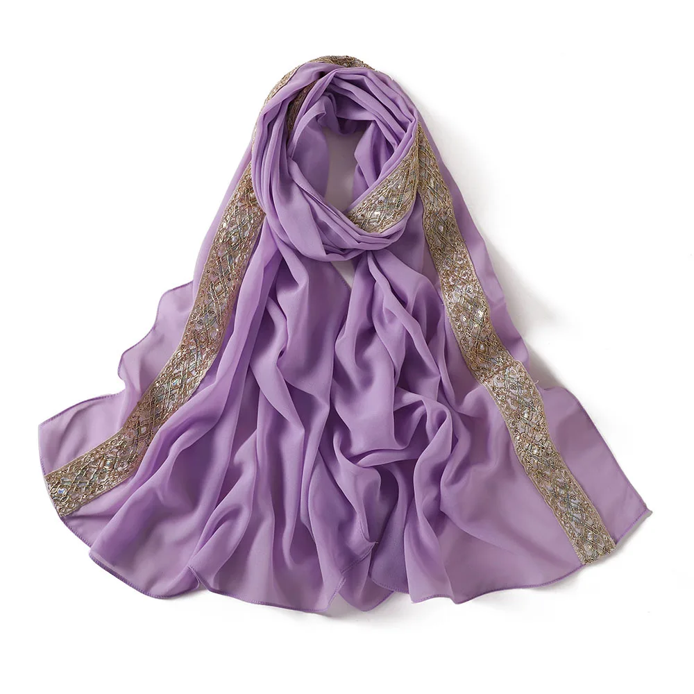 

Тюрбан с блестками, жемчужный шифон, вышивка, хиджаб, шарф для женщин, мусульманская шаль, длинный платок, банданы, повязка на голову, Bufanda Foulard