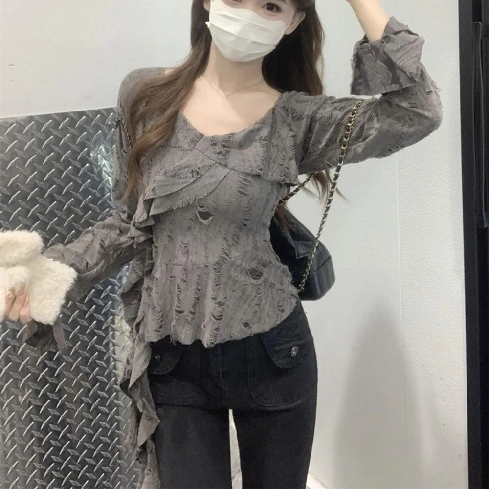 

Bell Sleeve Irregular T-Shirts Women Slim Fit Pleated Long Sleeve Top Basic Female Clothing Retro Mesh Broken T-Shirt Streatwear