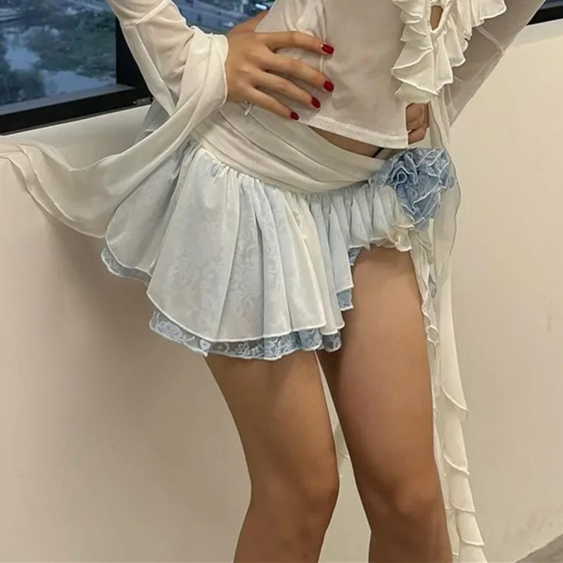 2024 Spring New Ballet Style Flower Decoration Contrast Color Ultra Short Slim Lotus Leaf Skirt for Women