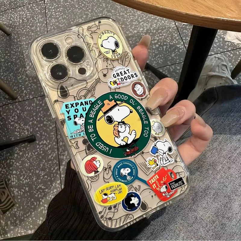 Luxury Cute stamp label Snoopy Charlie Brown phone Case For iPhone 17 11 12 13 14 15 16 Pro Max Plus Air Funny Snoopy Back Cover