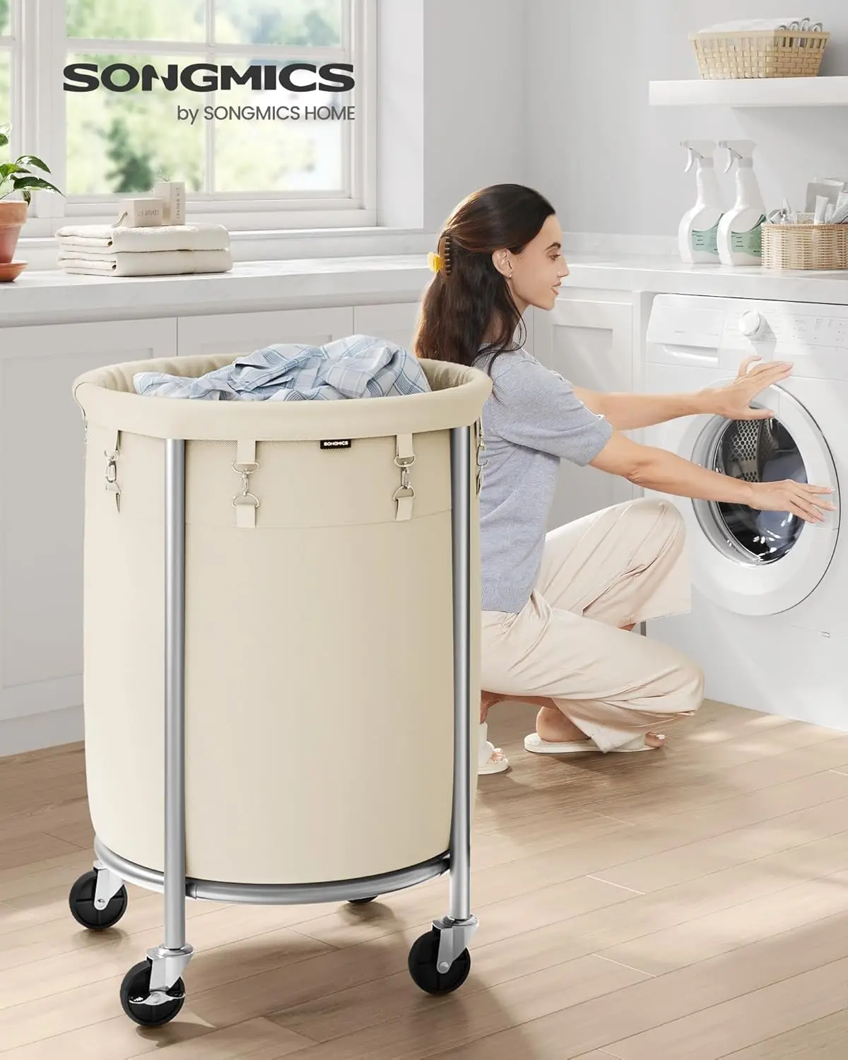 SONGMICS Laundry Basket on Wheels, Laundry Trolley 110L, Round Laundry Hamper with Steel Frame and Removable Bag