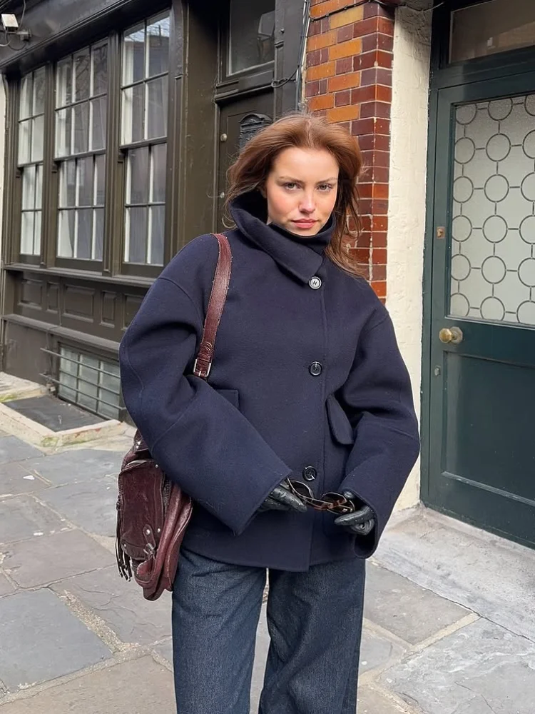 Elegantní vlněná bunda se stojáčkem pro ženy, jednořadé zapínání na knoflíky, kapsy, kabát, dámský kabát, podzim/zima 2025, pouliční elegantní svrchní oblečení - náhled 2