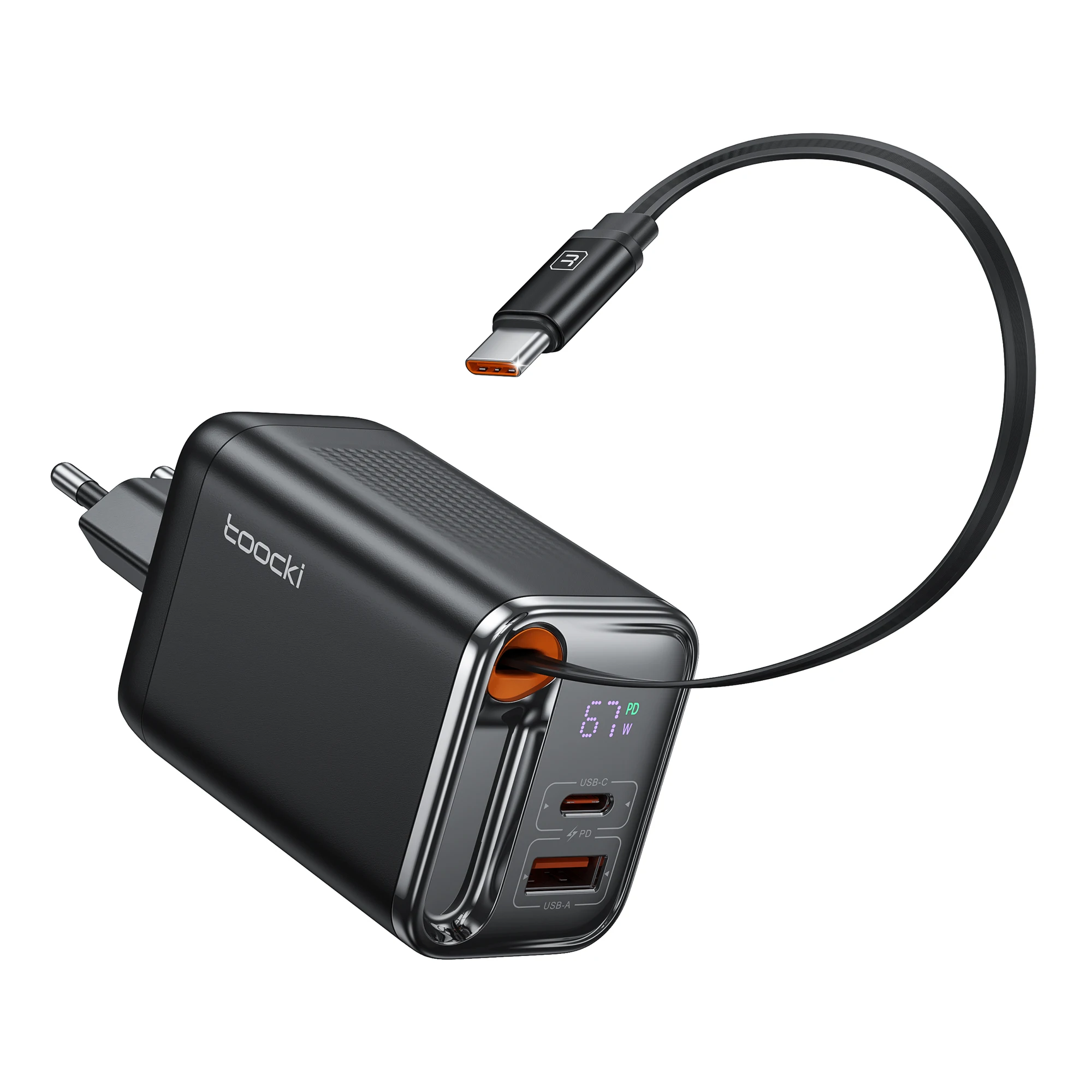 Toocki 67W GaN-Ladegerät mit einziehbarem USB-C-Kabel, digitaler Anzeige und PPS PD3.0 – Schnelles Ladegerät für iPhone 17, 16, Samsung S25, S24