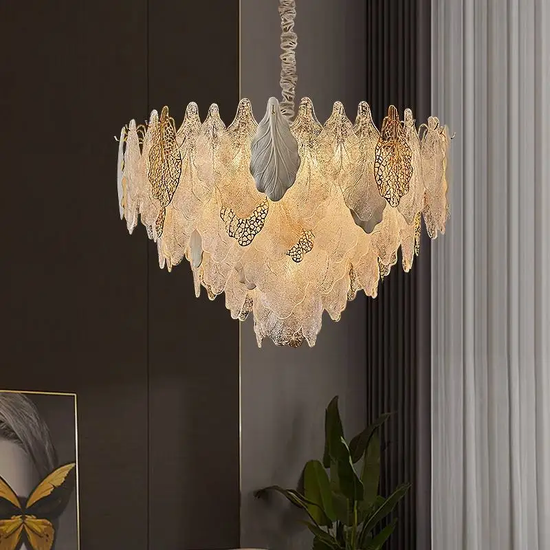 

Nordic Living Room Adjustable Chandelier Metal Glass Leaves Led Ceiling Pendant Lighting for Dining Room