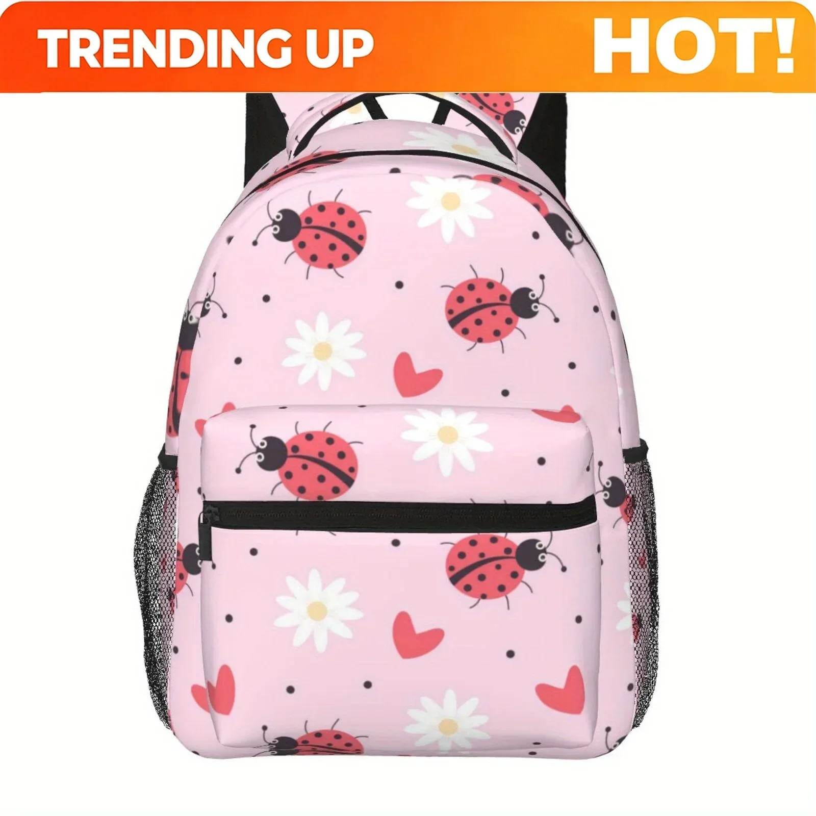 Custom Bag 1pc Sweet Daisy Ladybug Pink Theme Half Full Print Large Capacity, Double Net Pocket Backpack, Lightweight And Durabl
