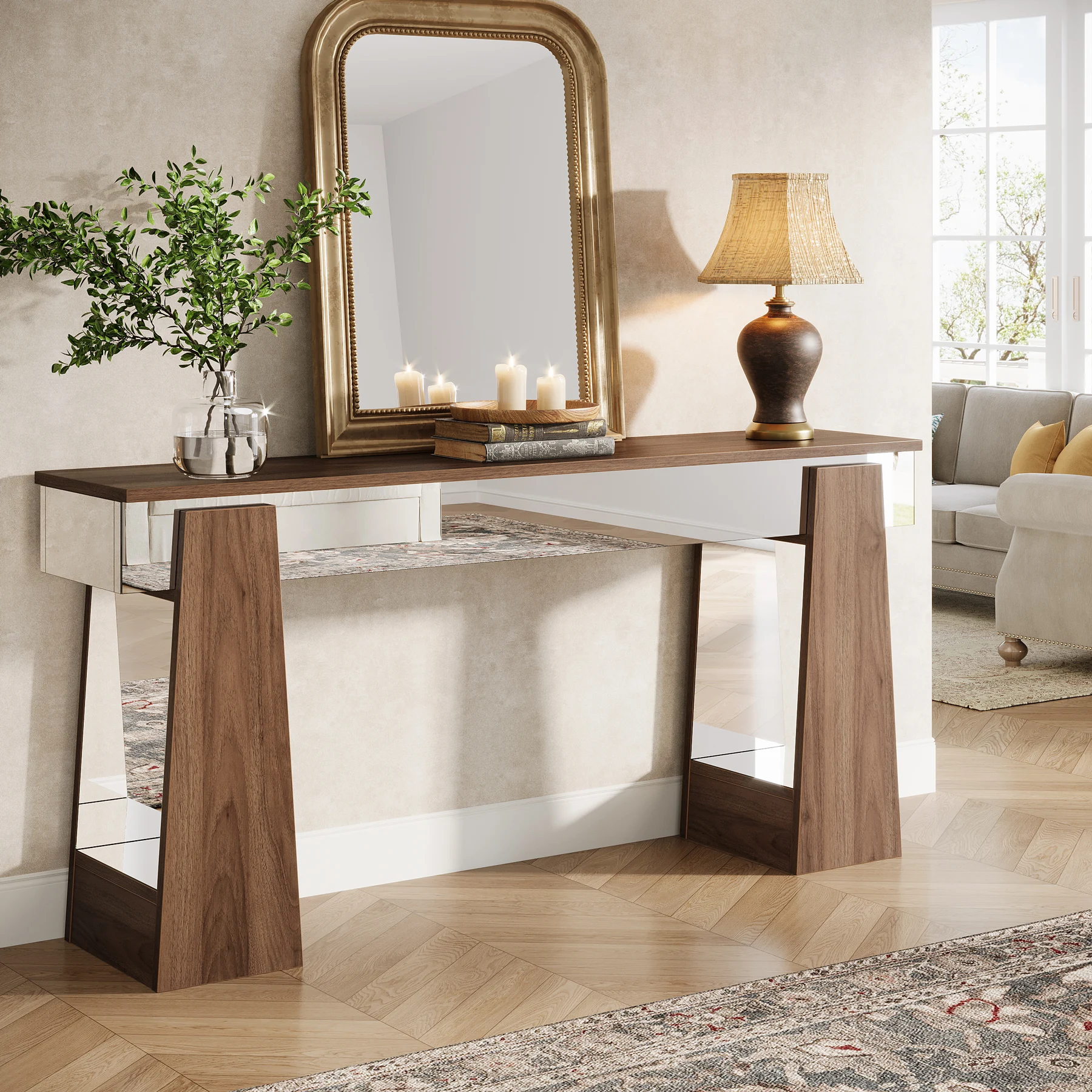 Farmhouse wooden entry table with thickened legs, 63-inch narrow sofa back sofa table