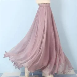 High-grade Double Layer Skirts Spring Summer Elastic High Waist Large Swing Gauze Chiffon Skirt A-line Pleated Long Beach Skirt