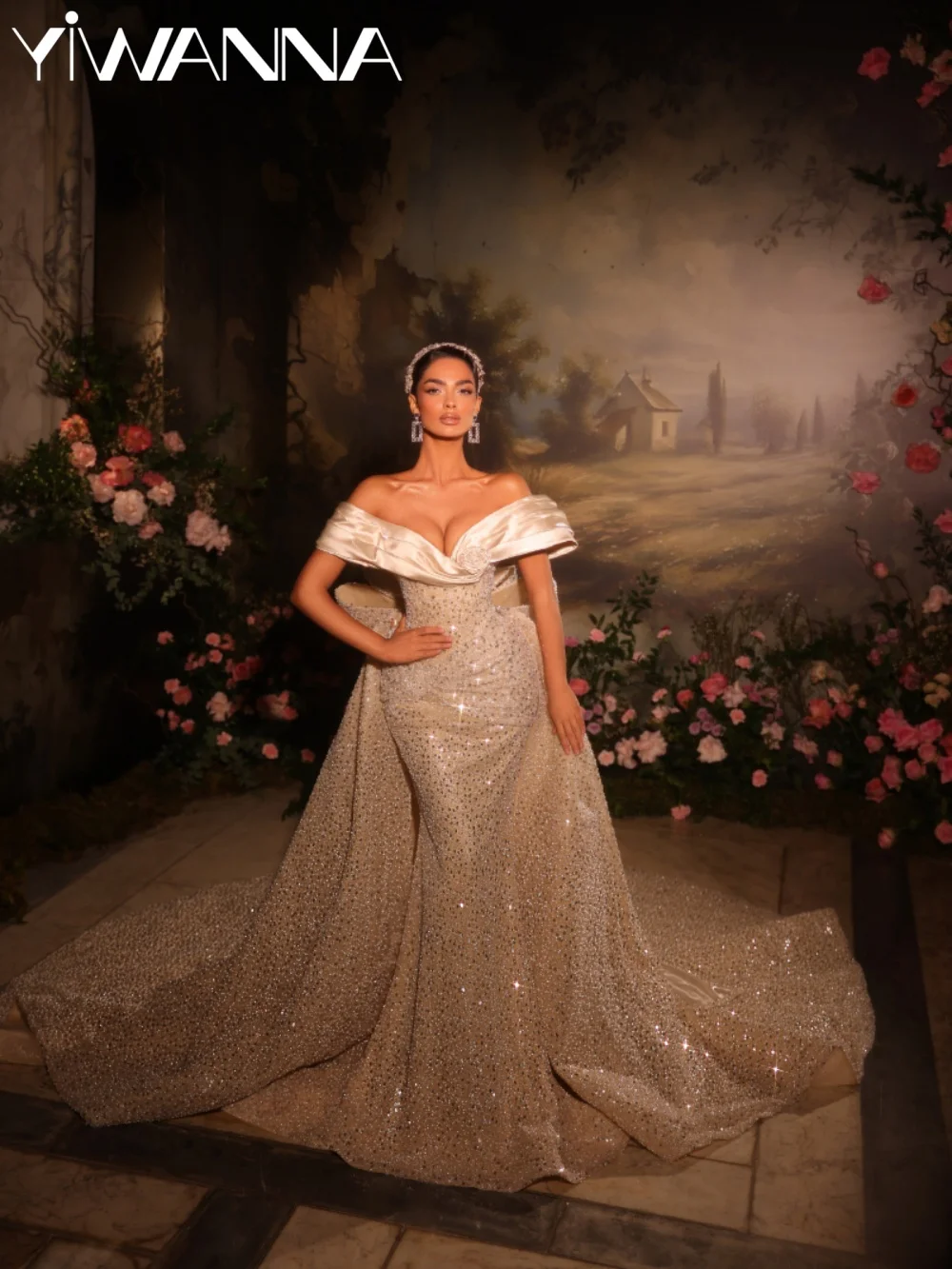 New Champagne Beaded Wedding Dress With Overskirt Glamorous Off Shoulder Bridal Gown 2026 Customized Gorgeous Dresses For Bride