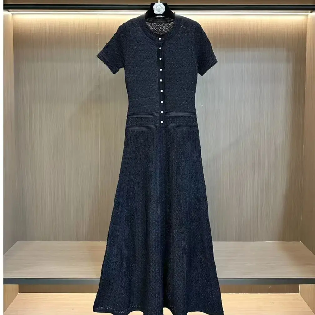 

Nanyou High Quality Bright Silk Summer New Style Fashionable And Elegant Women's Knitted Slim Fit Short Sleeve Long Dress