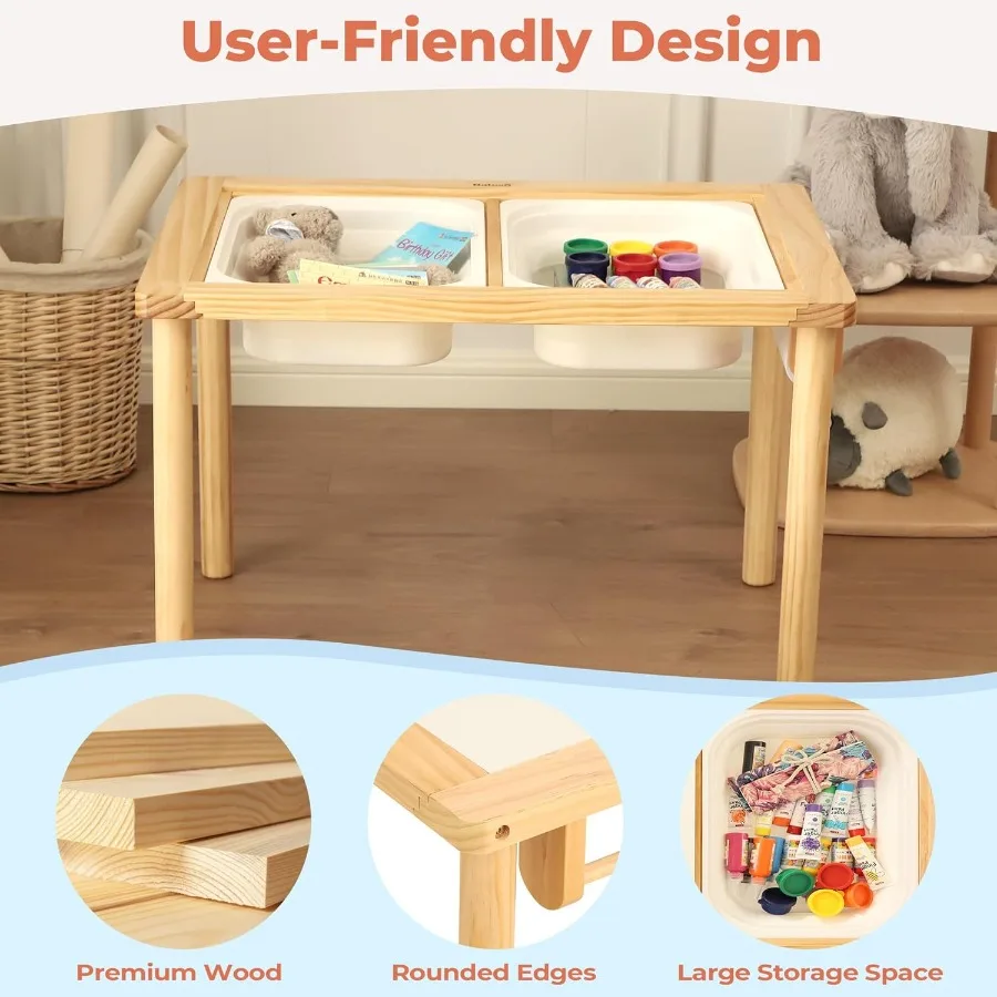 Table sensorielle pour tout-petits avec 2 bacs de rangement, table d'activité en bois avec planches double face, jeu de sable et d'eau en intérieur et en extérieur