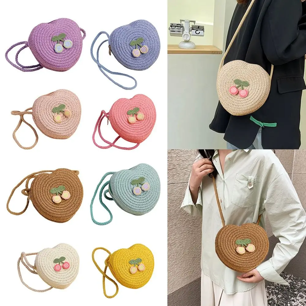 Cute Handmade Kids Straw Bag Heart Shape Cherry Shoulder Bag Woven Summer Beach Bag for Girls