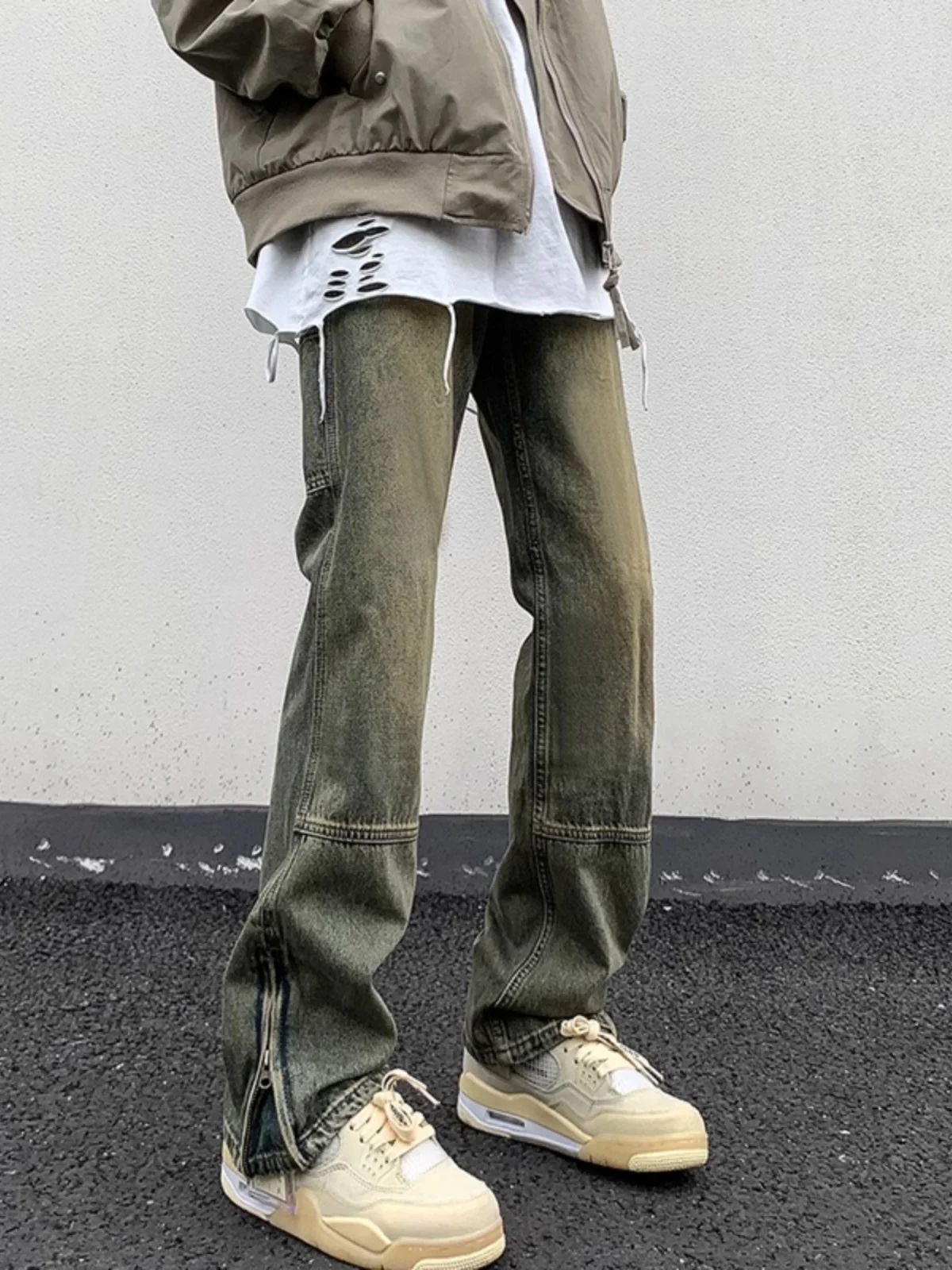 

Мужские джинсы Slim Fit прямого кроя в стиле High Street, хип-хоп, рабочие брюки, желтые, с эффектом окрашивания, микро-клеш, длинные, молодежная мода