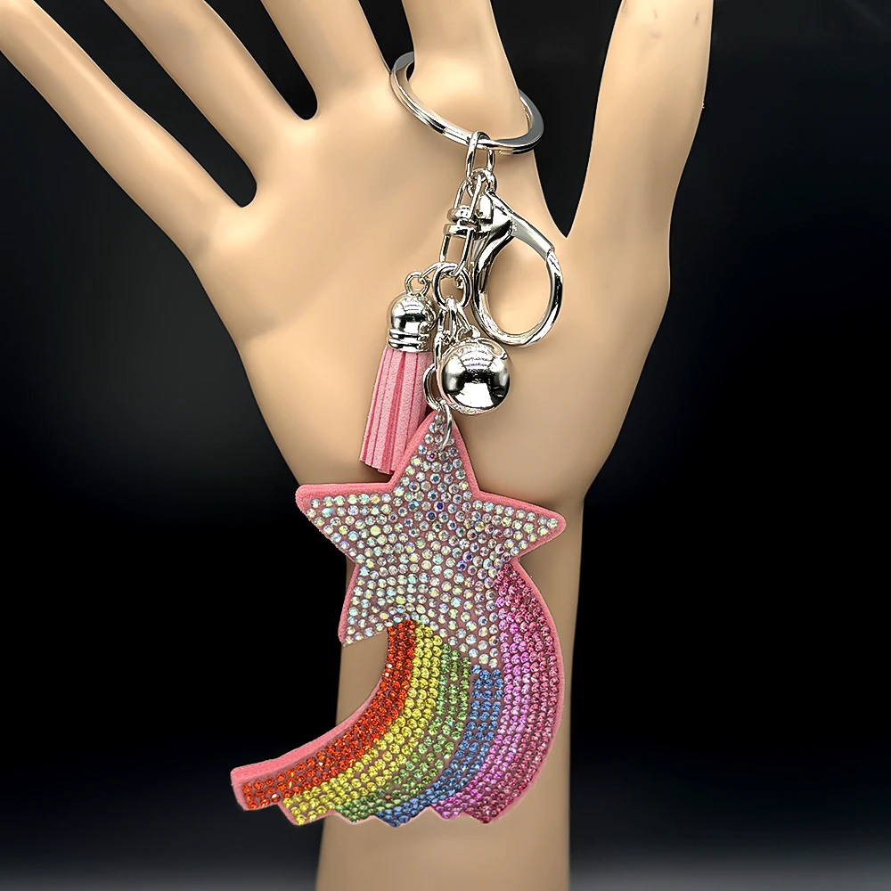 Pink Rainbow Meteor Schlüsselanhänger für Damen und Herren, voller Glitzer, Kristall, modische Rucksack-Dekoration, Schmuckgeschenke – Detail 7