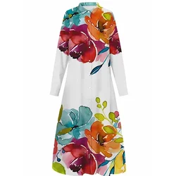 UOOZEE Female Vintage Floral Printed Buttoned Evening Maxi Dresses 2024 New Autumn Long Sleeves Loose Casual Lapel Shirts Dress