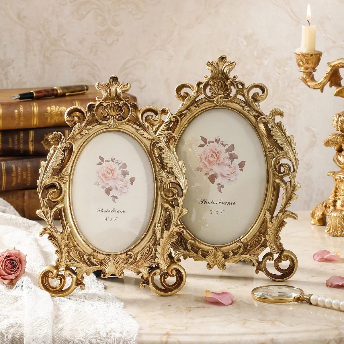 1 unidad, marco decorativo ovalado de encaje dorado vintage de estilo europeo, hecho de resina, para decoración interior del hogar
