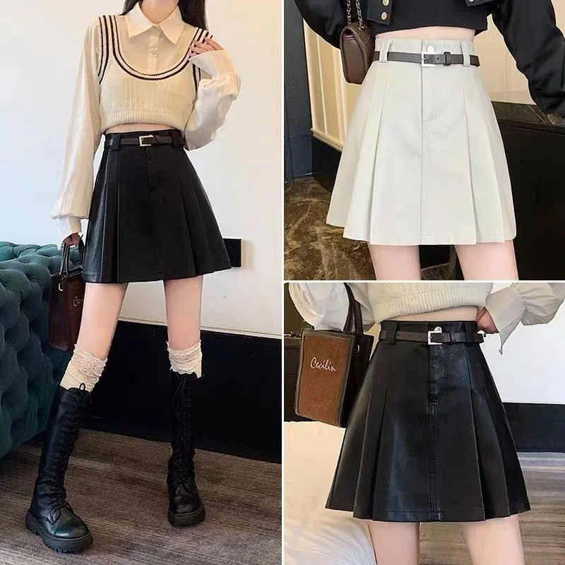 

Черная кожаная юбка с высокой талией, юбка для женщин, весна-осень, новый стиль, модная плиссированная юбка трапециевидной формы