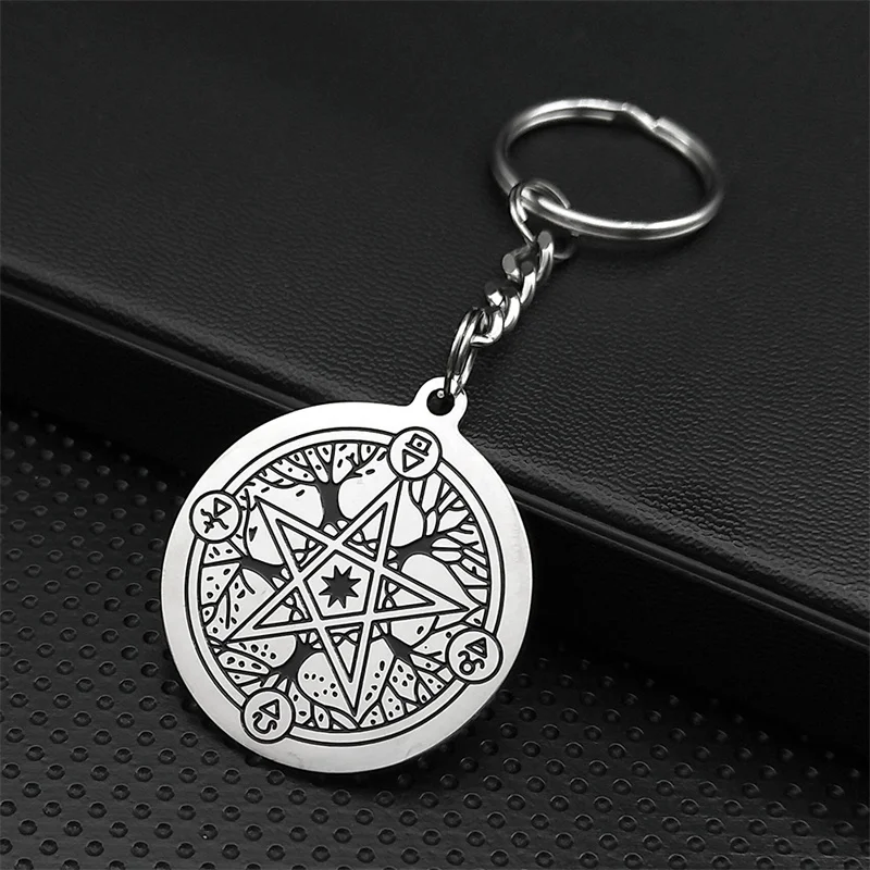 2024 Fashion Witchcraft Pentagram Tree of Life  Stainless Steel Keychains Women Black Enamel Keyring Jewelry llaveros K8157S07