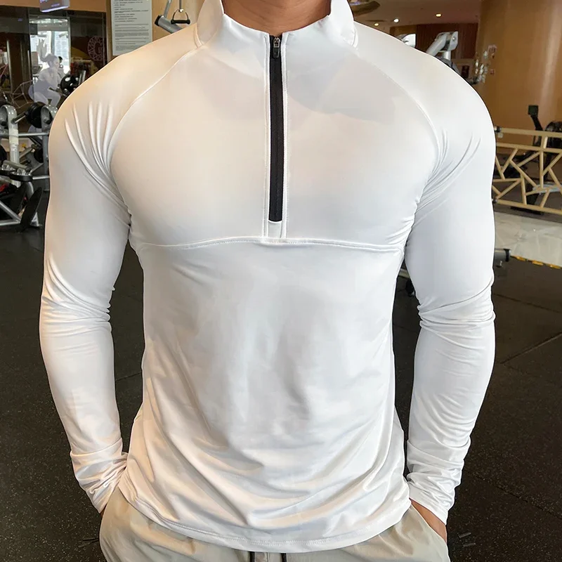 High Quality Men Quick Dry Running T-Shirts Fitness Training Exercise Clothes Gym Sport Shirt Tops Muscle Tees Long Sleeve Zip
