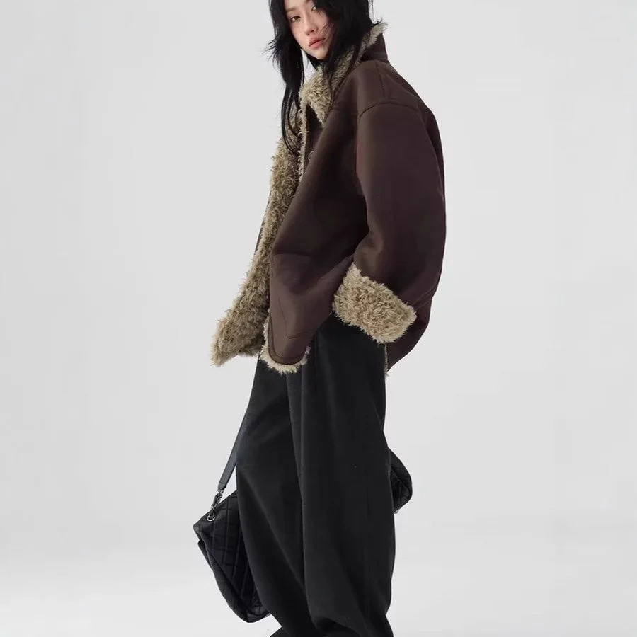 Women Blend Wool Coat 2025 New Retro Two Side Wear Lamb Fur Lined Thickened Cotton Coat Warm Women's Casual Coat