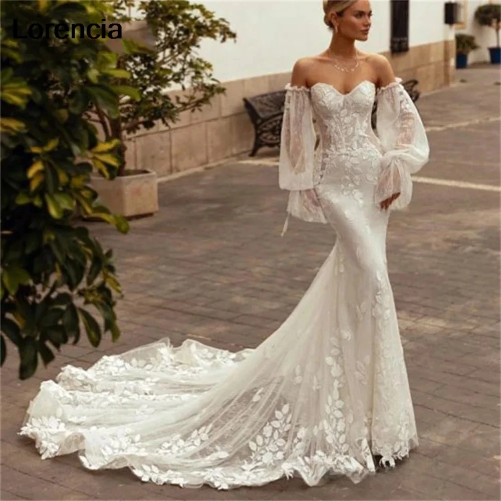 

Customized Mermaid Wedding Dress Sweetheart Appliques Detachable Puff Sleeve Bridal Dress Bridal Gown Vestido De Noiva YMW172