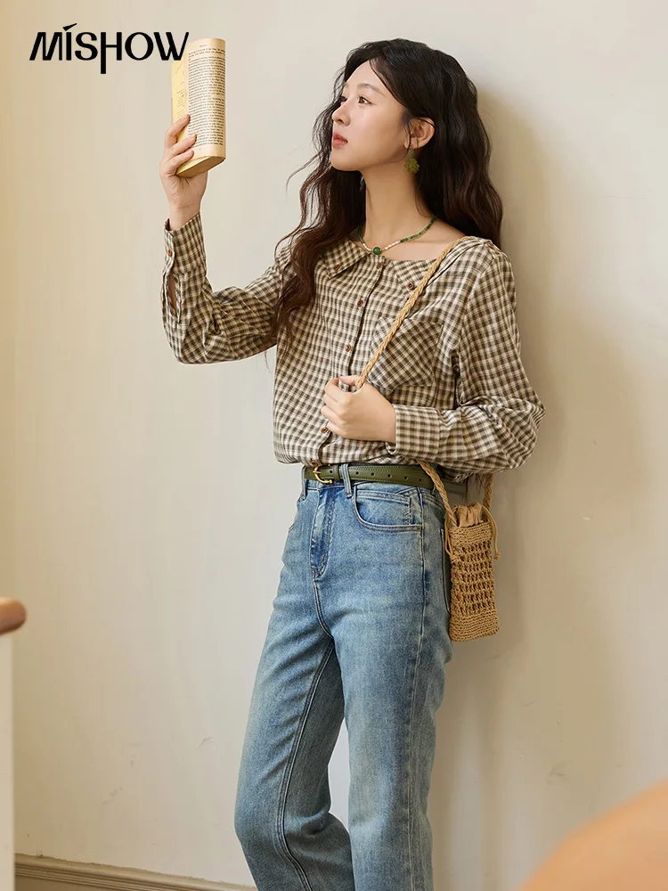 MISHOW المرأة قمصان عادية القطن الخريف الجانب الشق جيوب قمصان مربعة النقش تخفيف أنيقة شيك امرأة مع حزام MXE44X2469