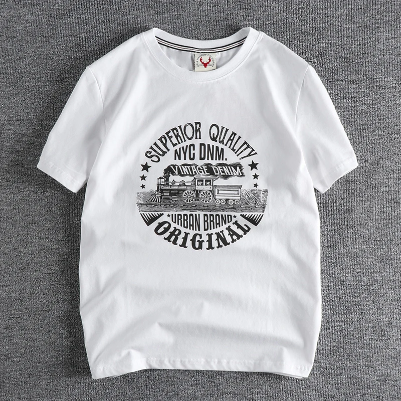 Summer American Retro Short-sleeved O-neck Locomotive Printed T-shirt Men\'s Fashion Simple 100% Cotton Washed Casual Sport Tops