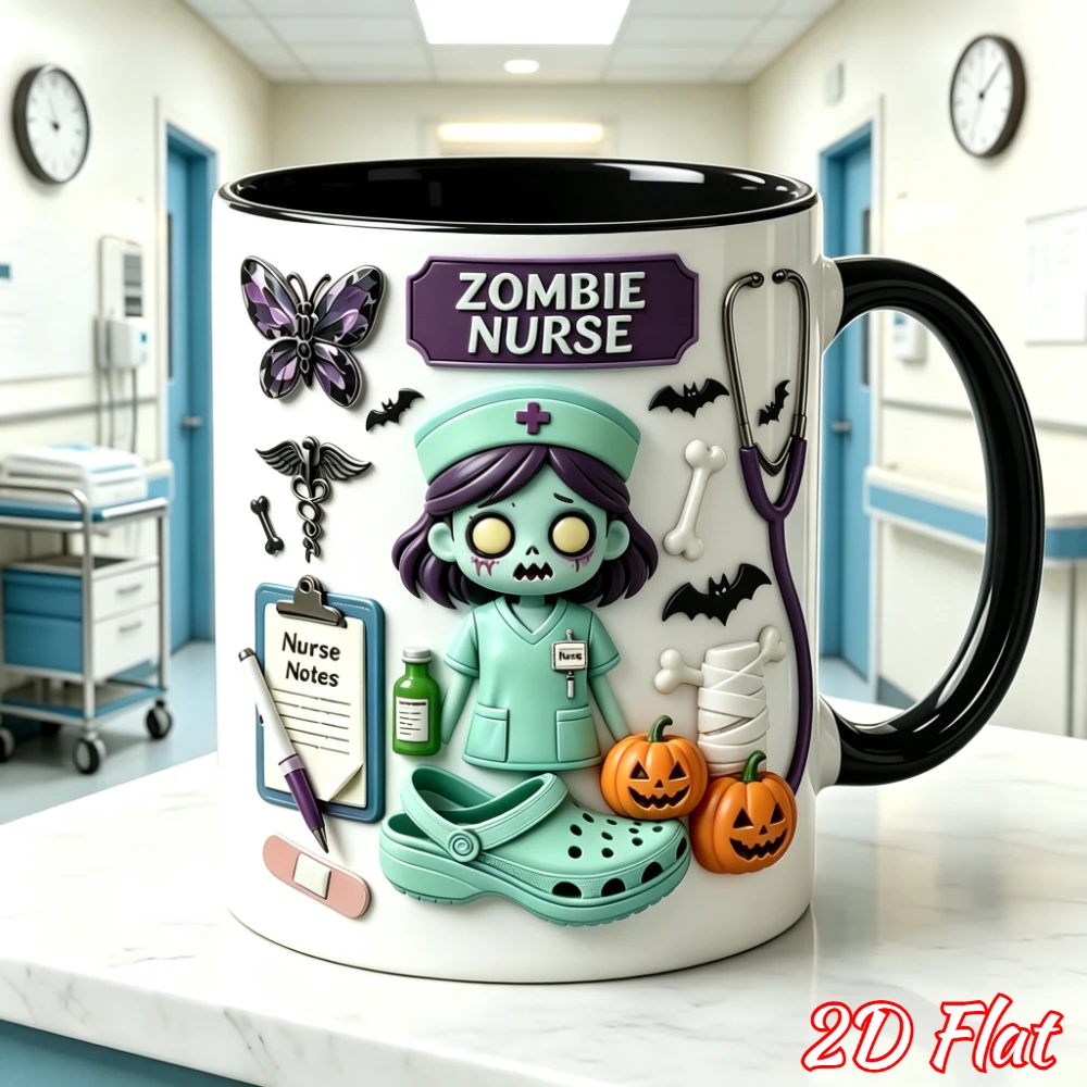 Halloween Gift 1pc 2D Flat Personalized Zombie Nurse Mug 11oz High Temperature Resistant Water Cup Microwave Safe Home Decor Kit