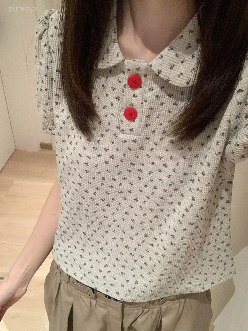 Harajuku Japanese Peter Pan Collar Short Sleeve Girl T Shirts Y2k Sweet All Match Casual Clothes Cute Flower Print Casual Tops