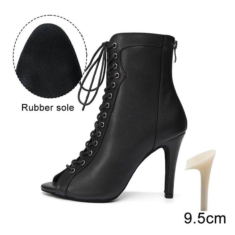 HROYL High Heel Dance Shoes Woman Beige Black Latin Dance Booties Women Open Toe Lace Up Stiletto Boots for Girls Suede Sole