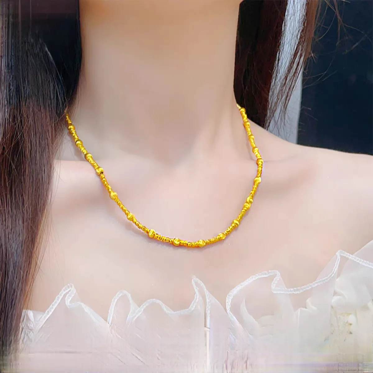 Fashion 14 K Gold Color Lucky Cat Eye Star River Necklace for Women Bride Shining Bead Chain Wedding Jewelry Gifts Not Fade