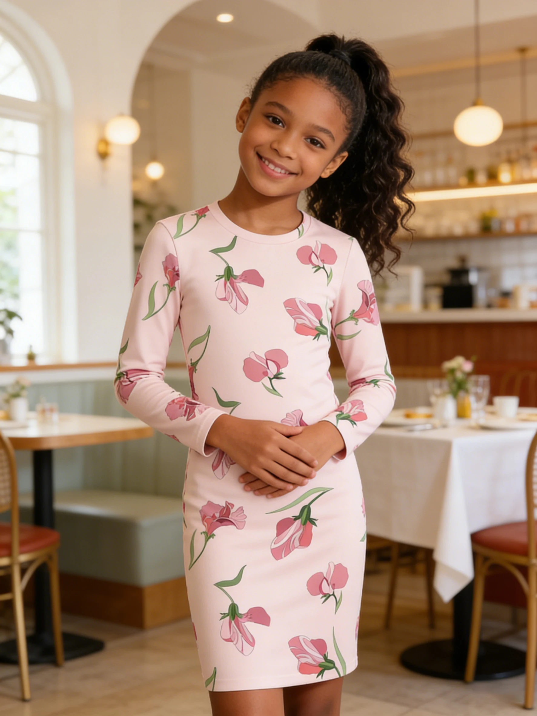 

2026 Girls Pink Pink Print Long Sleeve Slim Fit Dress
