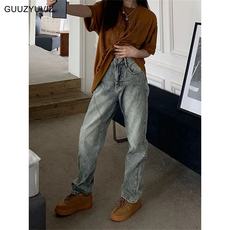 

GUUZYUVIZ High Waist Loose Baggy Jeans For Women Y2k Korean Fashion Casual Vinatge Washed Straight Denim Women Pants