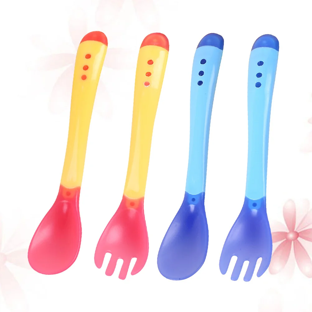 مجموعة أدوات تغذية الأطفال مكونة من 4 قطع تتضمن ملاعق وشوك استشعار درجة الحرارة وحواف ناعمة لأدوات مائدة الرضع الآمنة