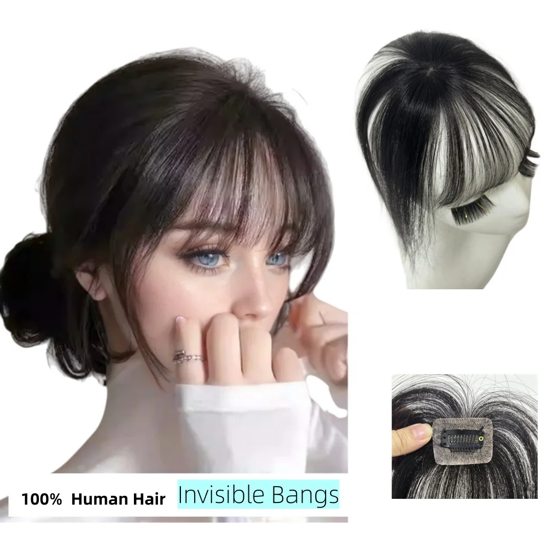 360 °   Abdeckung von natürlichen schwarzen Echthaar-Pony-Clips in Haarteilen für Frauen, falscher natürlicher Pony mit dünner werdenden Haarverlängerungen