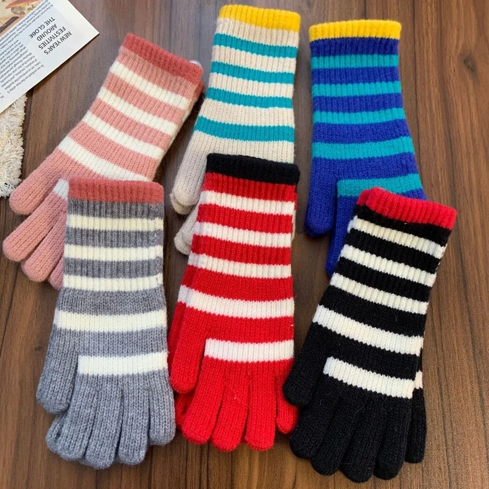 1 Pair Colorful Striped Knitted Gloves Touchable Screen Lengthened Full Fingered Gloves Warm Thickened Winter Women's Gloves