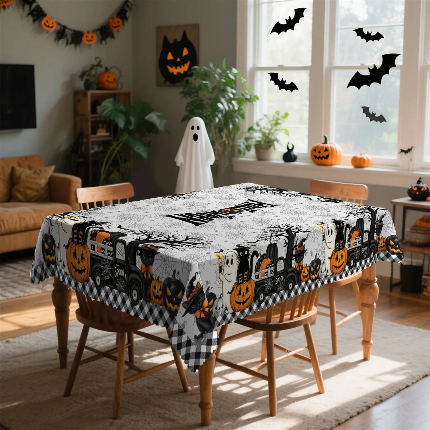 Buffalo Gator truck pumpkin ghost with dead tree spider cat Halloween tablecloth - 1 pack suitable for kitchenxzj