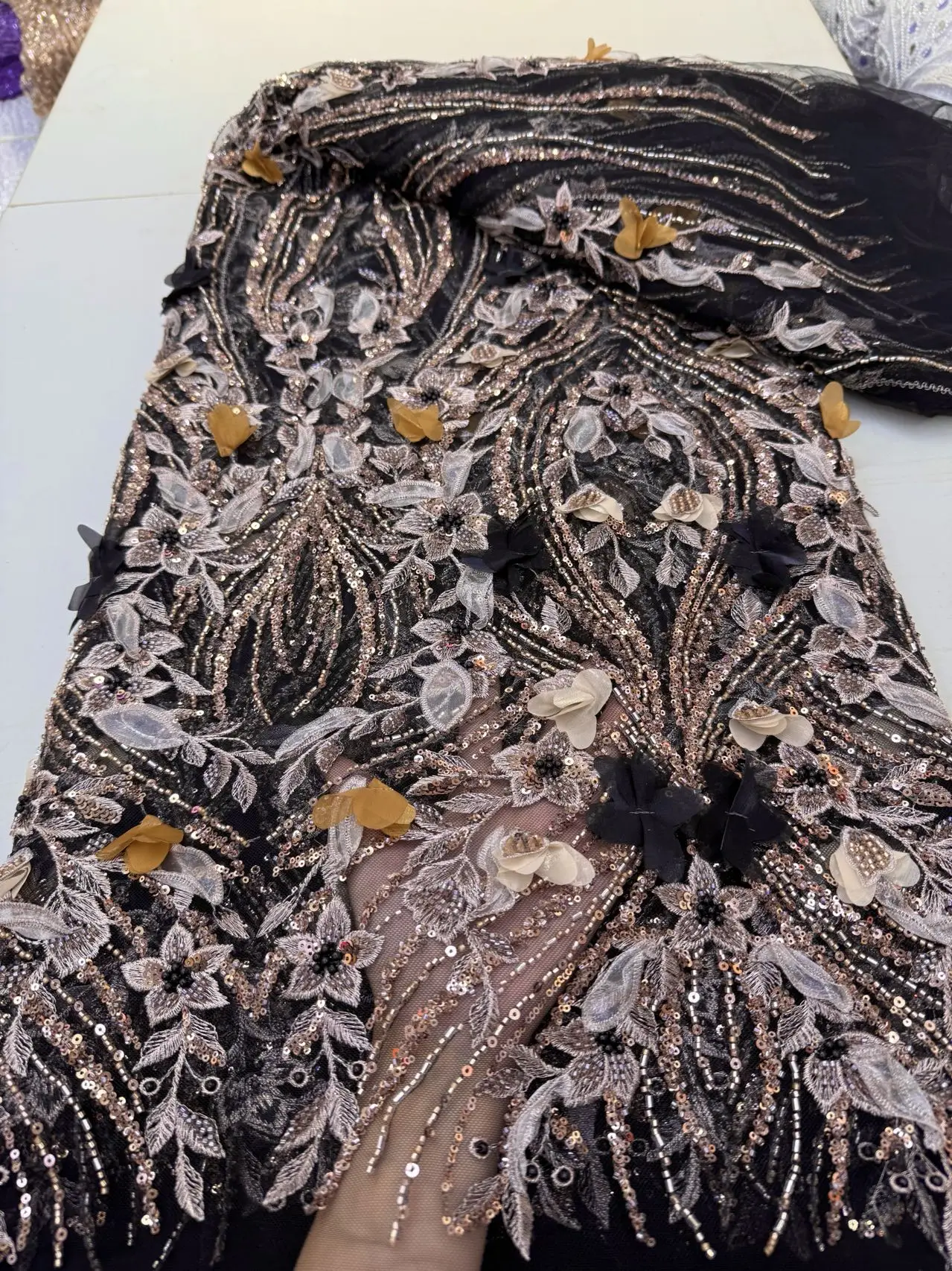 3D Flower African Sequins Beaded Lace Fabric High Quality French Mesh Tulle Embroidery Wedding Bridal Lace Material 5 yards