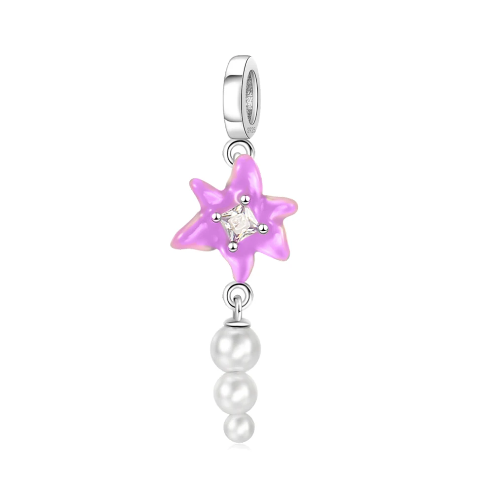 Pan Charms Original Purple Flower & Pearl Dangle Charm Bracelet Pendant Jewelry
