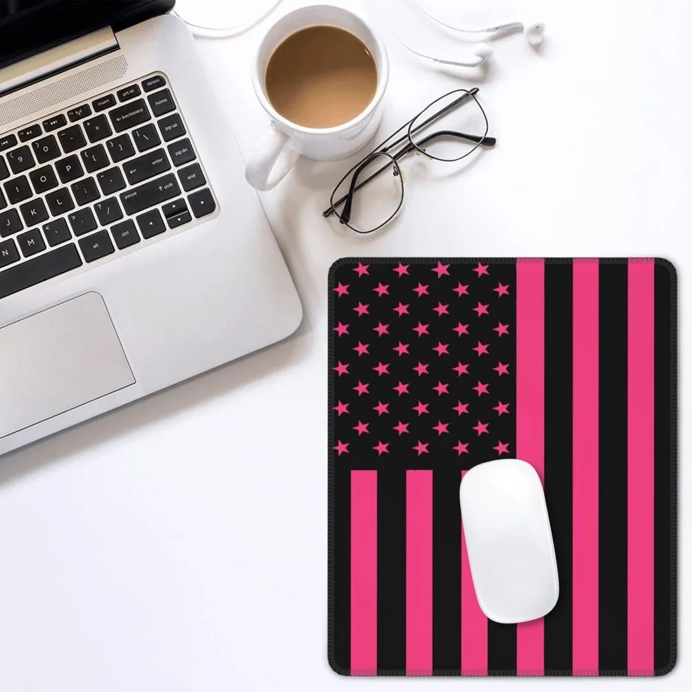 American Flag-Themed Black Pink Mouse Pad with Stitched Edges, Anti-Slip Desk Mat for Gaming and Office Use, 7.9 x 9 Inches