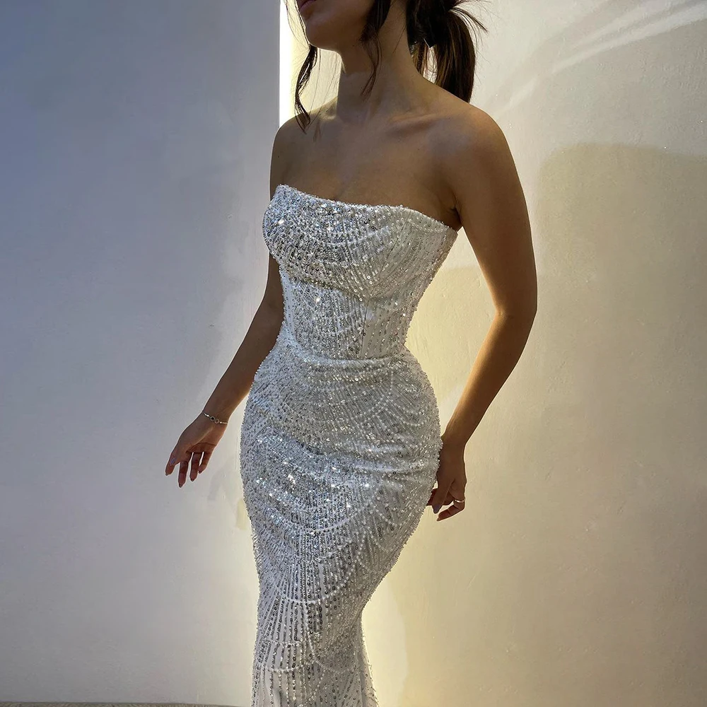 Luxury Dubai Arabic Mermaid Evening Dress for Women 2024 Elegant Strapless Pearls Long Formal Prom Wedding Party Gown Customized