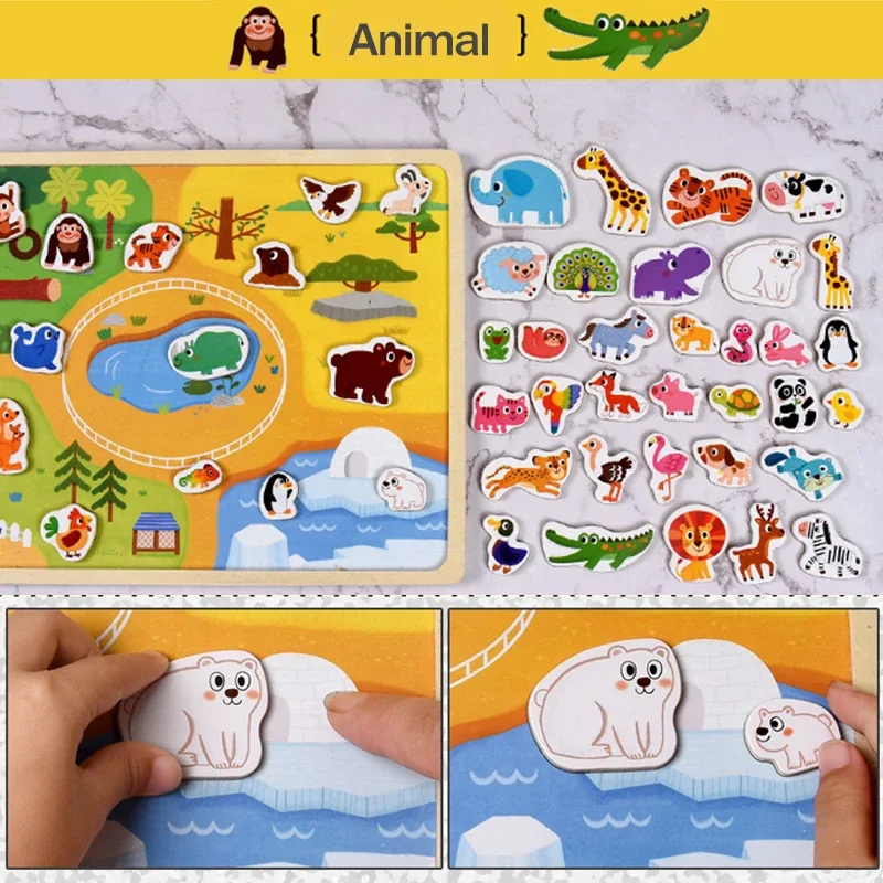 خشبية الأطفال المغناطيسي لغز الحيوان مشاهد المركبات المرورية لعبة ثلاثية الأبعاد بانوراما لعب الاطفال هدايا التعلم التعليمية المبكرة #5